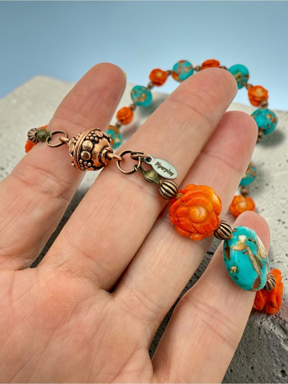 Artisan Hand Knotted Emperor Jasper Carved Coral floral bead Copper Necklace 18” - Picture 11 of 17